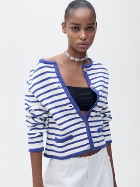 Mango STRIPPED KNIT CARDIGAN